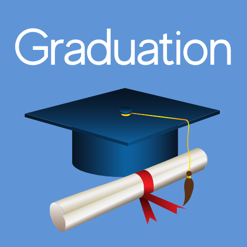 Graduation text and image of a mortarboard cap