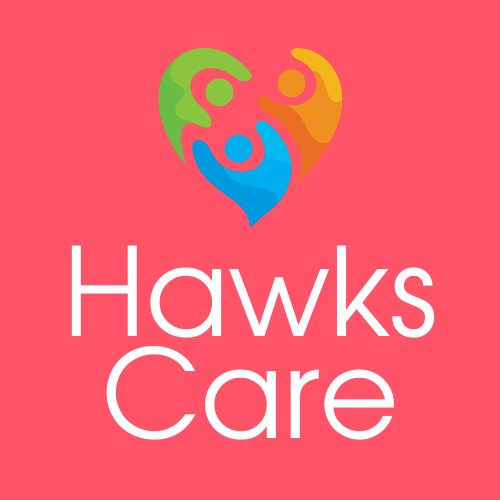 Hawks Care text with inage of three people in heart shape from bird's eye viewpoint