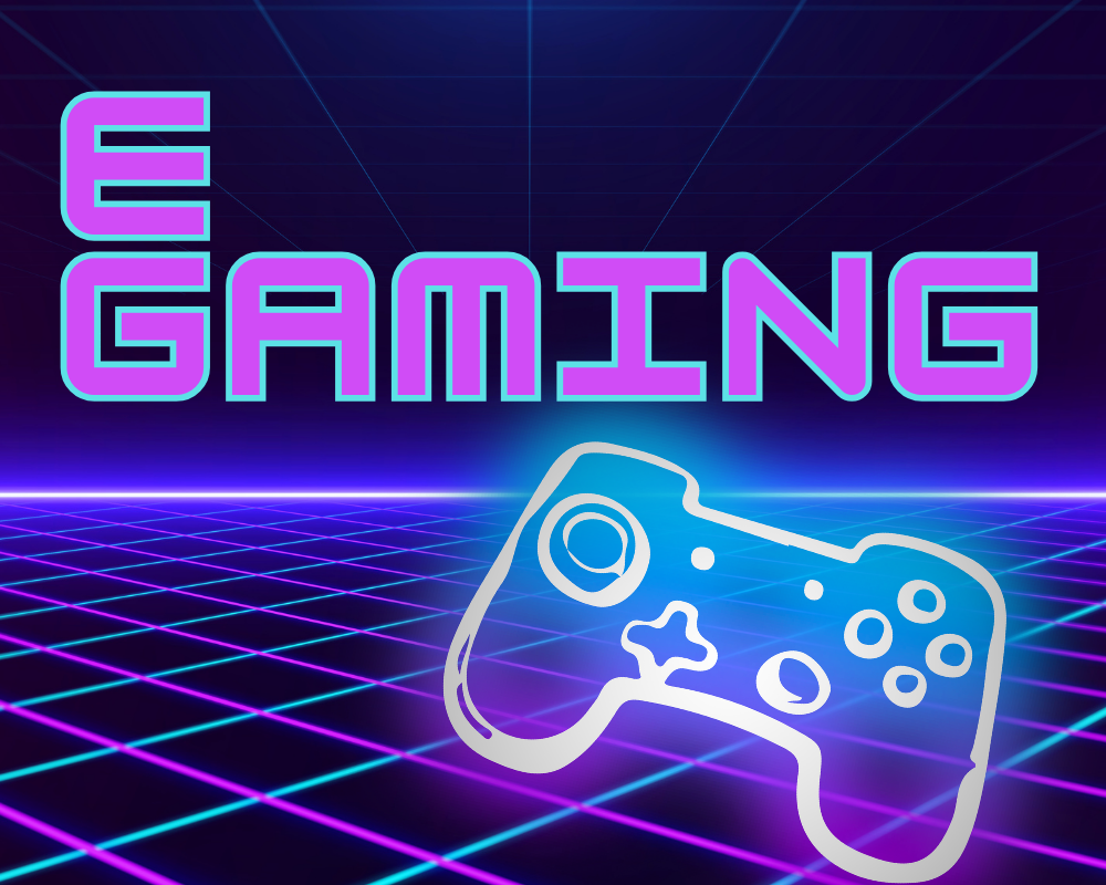 Graphics of neon lined horizon with grid and neon line art game controller