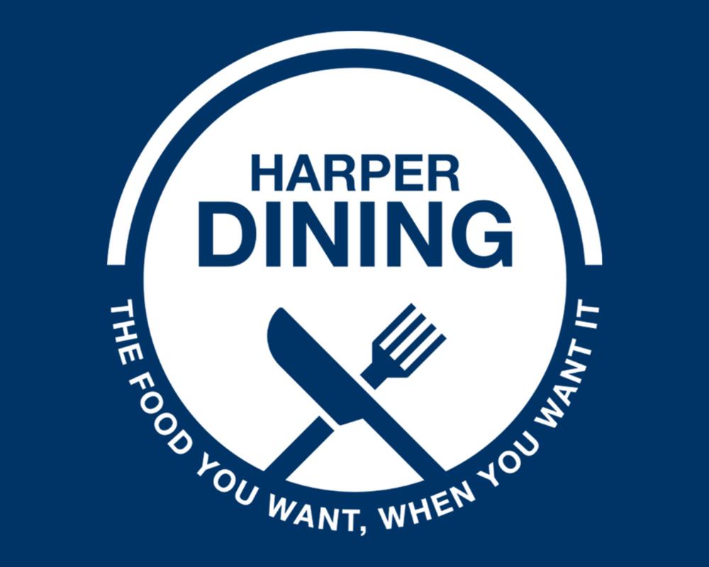 Harper Dining logo of text in a plate with a crossed fork and kinfe on plate