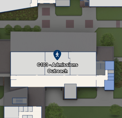 Map showing the Admisisons Outreach Office in Building C, Room C103 on the Harper College campus.