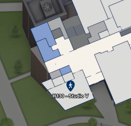 Map showing Studio V near Building H's west entrance.