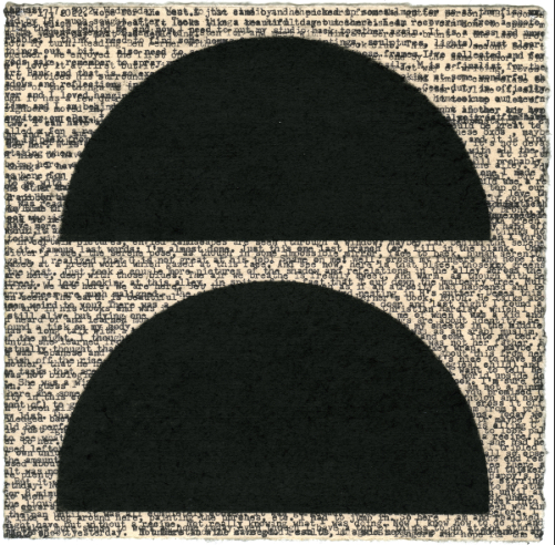 abstract piece with two black half circle on top of text