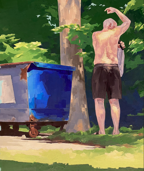 a man applies deoderant near a dumpster