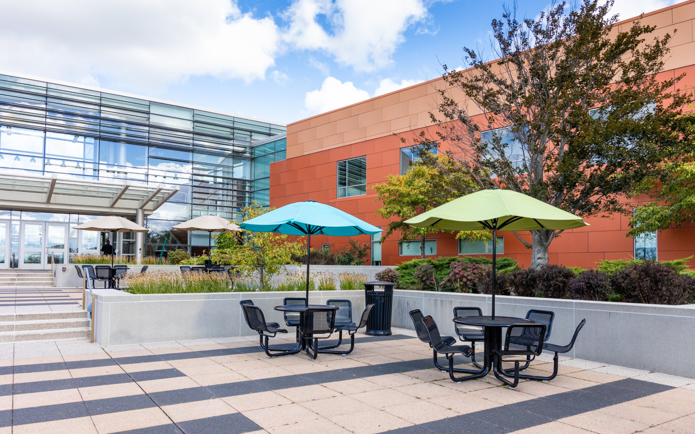 outdoor seating with umbrellas at the entrance to Avantè