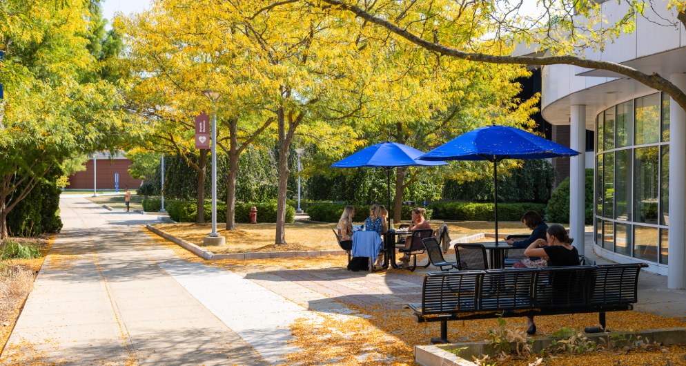 Harper College employees eat lunch at outdoor tables outside of Building W