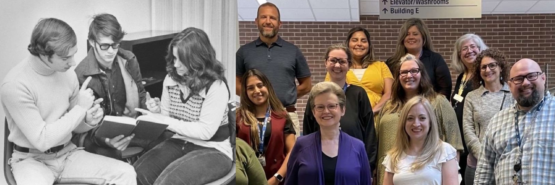 Two images show students who are deaf receive support at Harper College in the 1970s and the ADS staff in 2023
