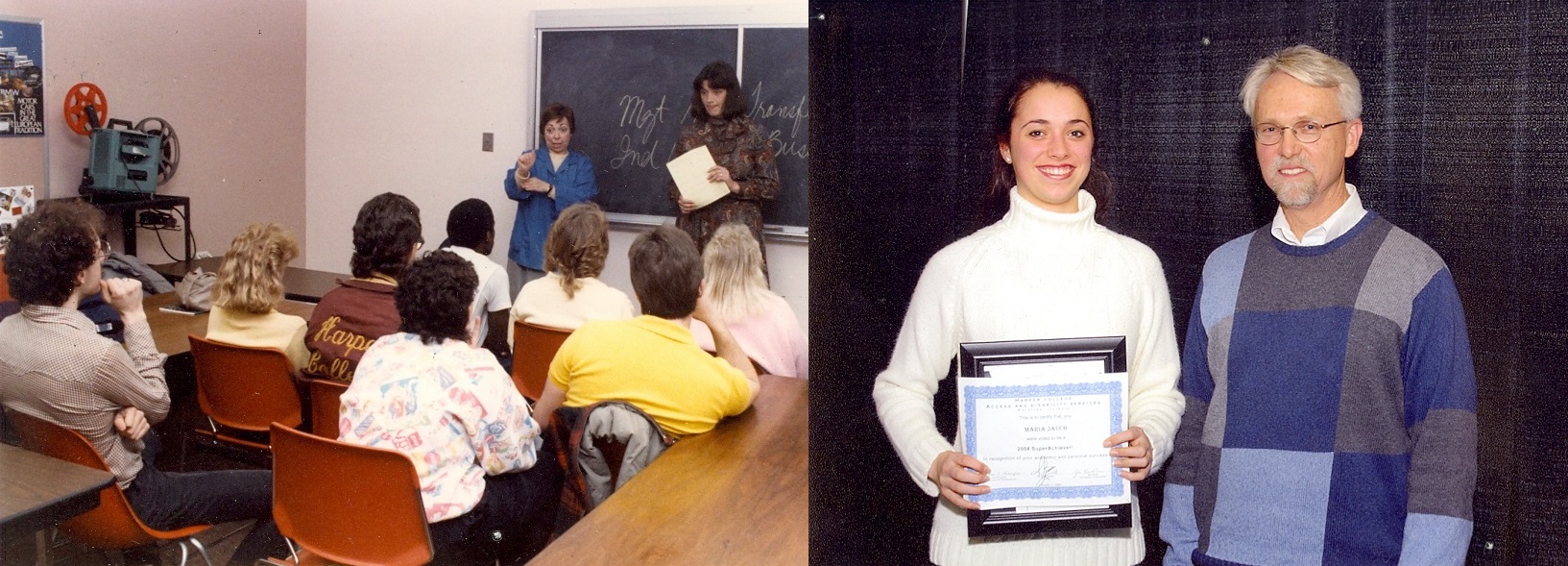 Two images show the history of the Office of Access and Disability Services, including a classroom with ASL instruction in the 1980s and former director Tom Thompson standing with a SuperAchiever! student in 2004.