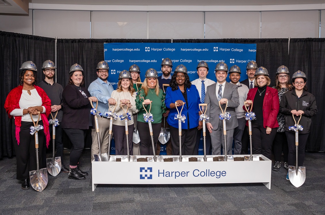 Harper College employees and University Center partners celebrate the groundbreaking of the new Canning Student Center.