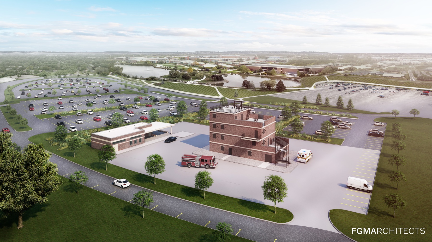 A rendering depicts the new Emergency Services Training Center on Harper College's campus.