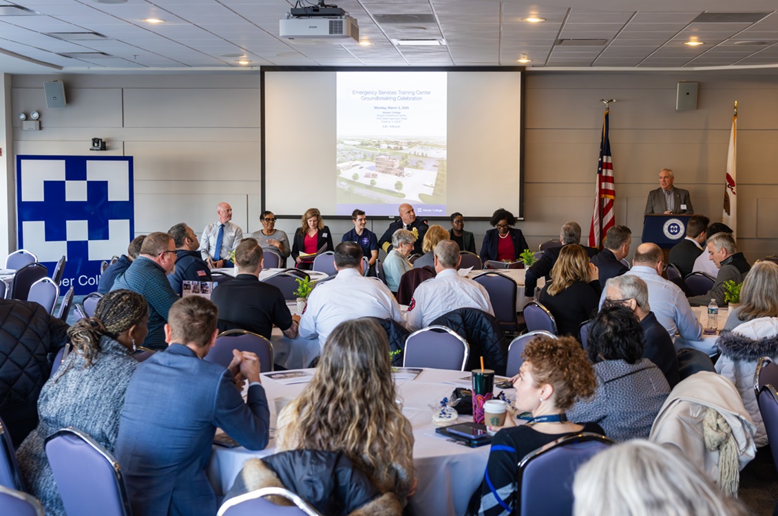 Harper College and community leaders celebrate the groundbreaking of the new Emergency Services Training Center in the Wojcik Conference Center.