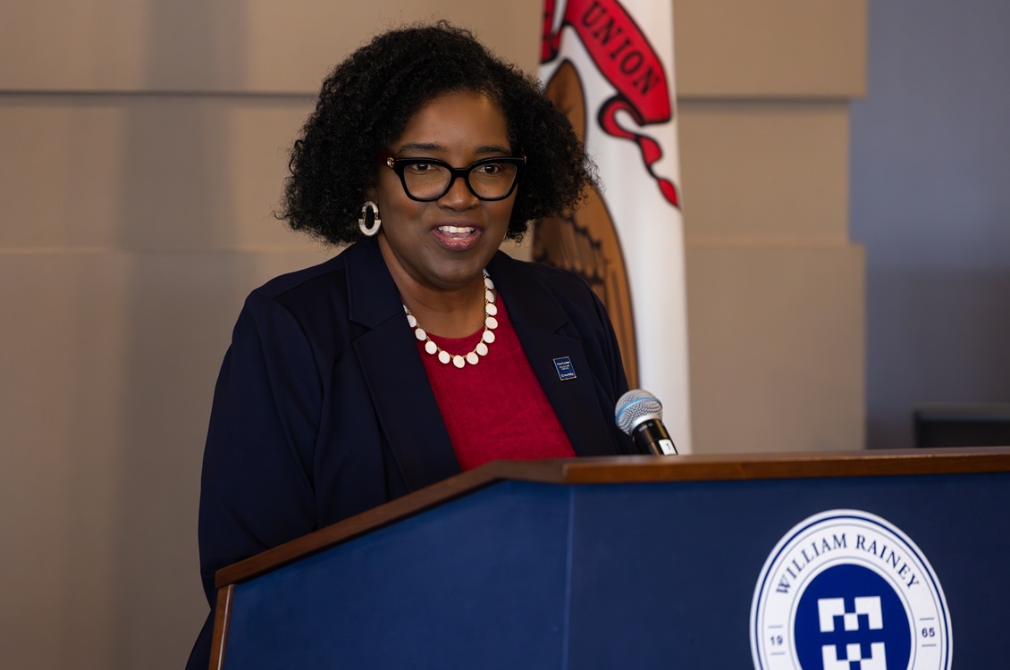 Dr. Avis Proctor speaking at the groundbreaking ceremony for Harper College's Emergency Services Training Center.