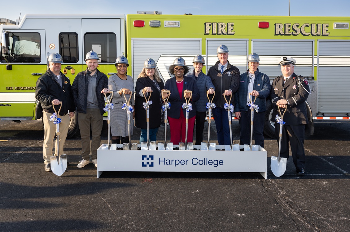 Educators, administrators and students from Harper College's Fire Science Technology Program celebrate the groundbreaking of the new Emergency Services Training Center.