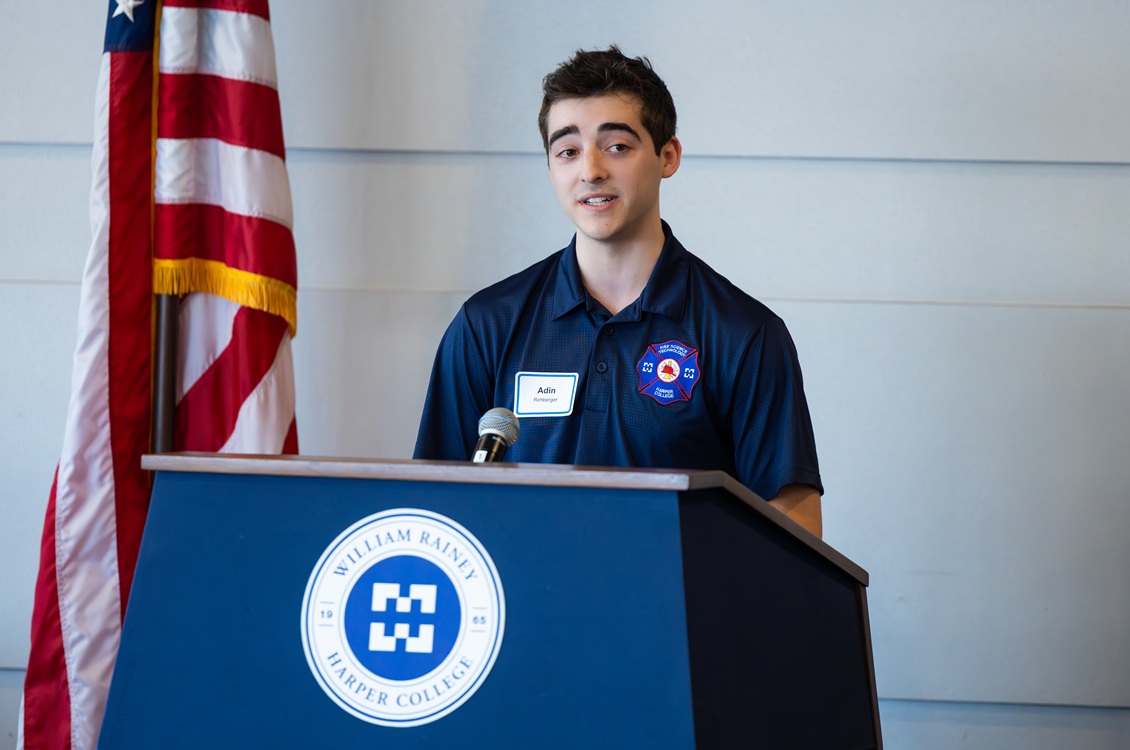 Harper student Adin Rehberger speaks about how the new Emergency Services Training Center will benefit his education to become a first responder.