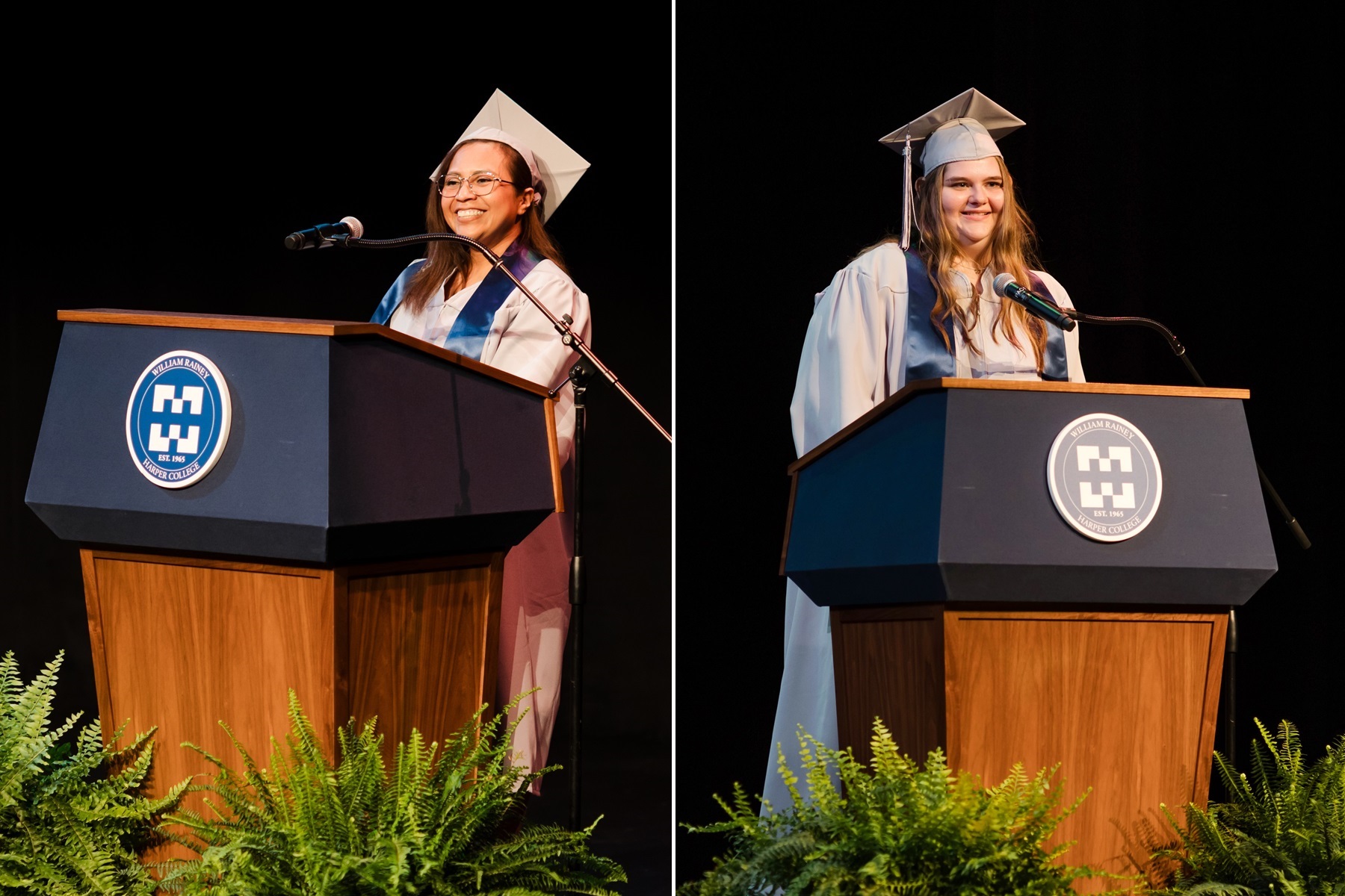 Gricelda Adame-Garcia and Brittney Raker speak at Harper College's 2024 Illinois High School Diploma Ceremony.
