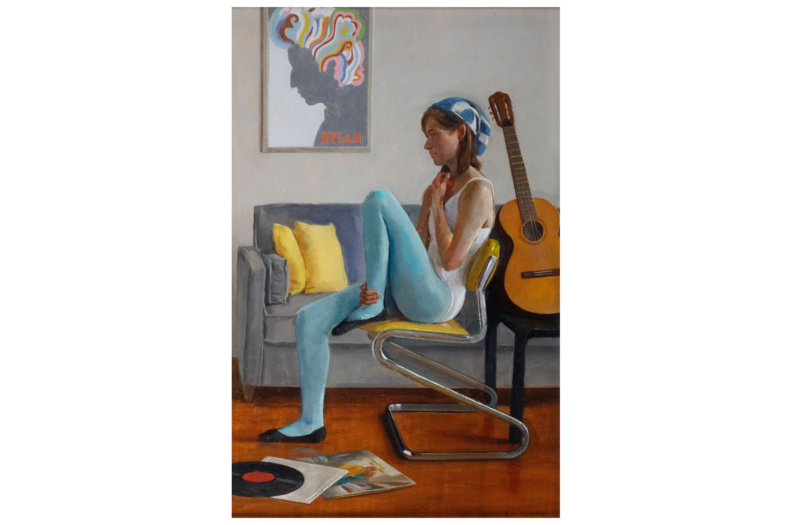 painting of a young woman sitting in a chair with a guitar behind her