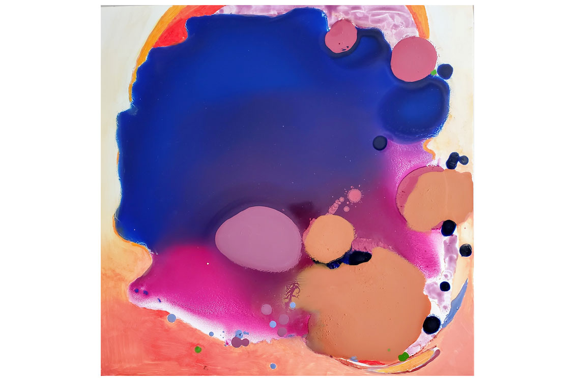 abstract painting with large bubbles of color in blues, pinks, and oranges