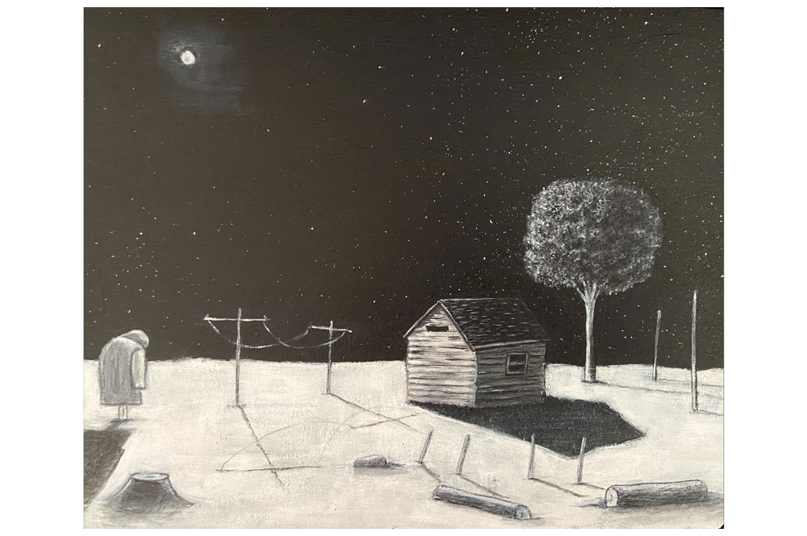 black and white painting of a lone farmhouse at night