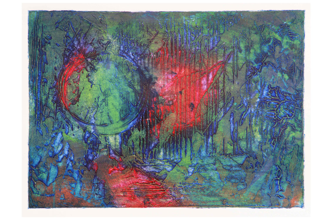 abstract painting that resembles a path through a forest with strong reds, blues, and greens