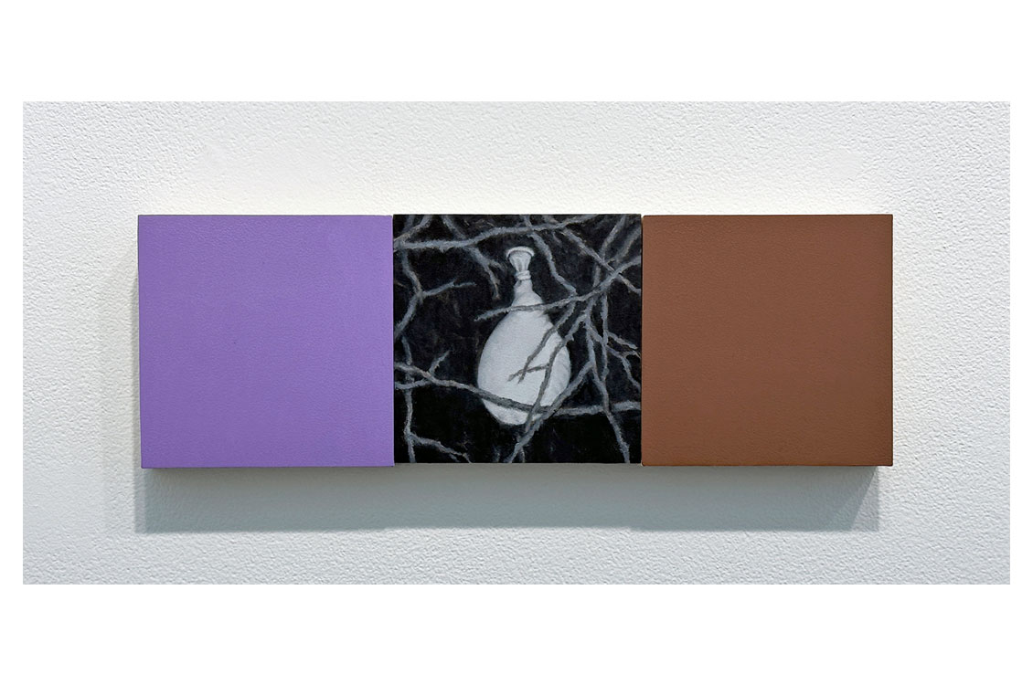 abstract painting with solid panels in purple on left and brown on right; the middle panel is of a round shape with tree branches crossing in front of it