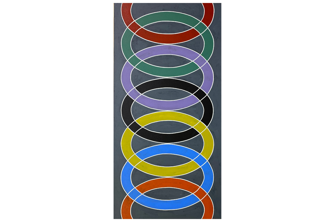 a vertical painting of different colored rings linked together