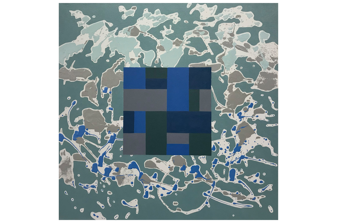 an abstract painting with wave-like patterns and a square in the middle