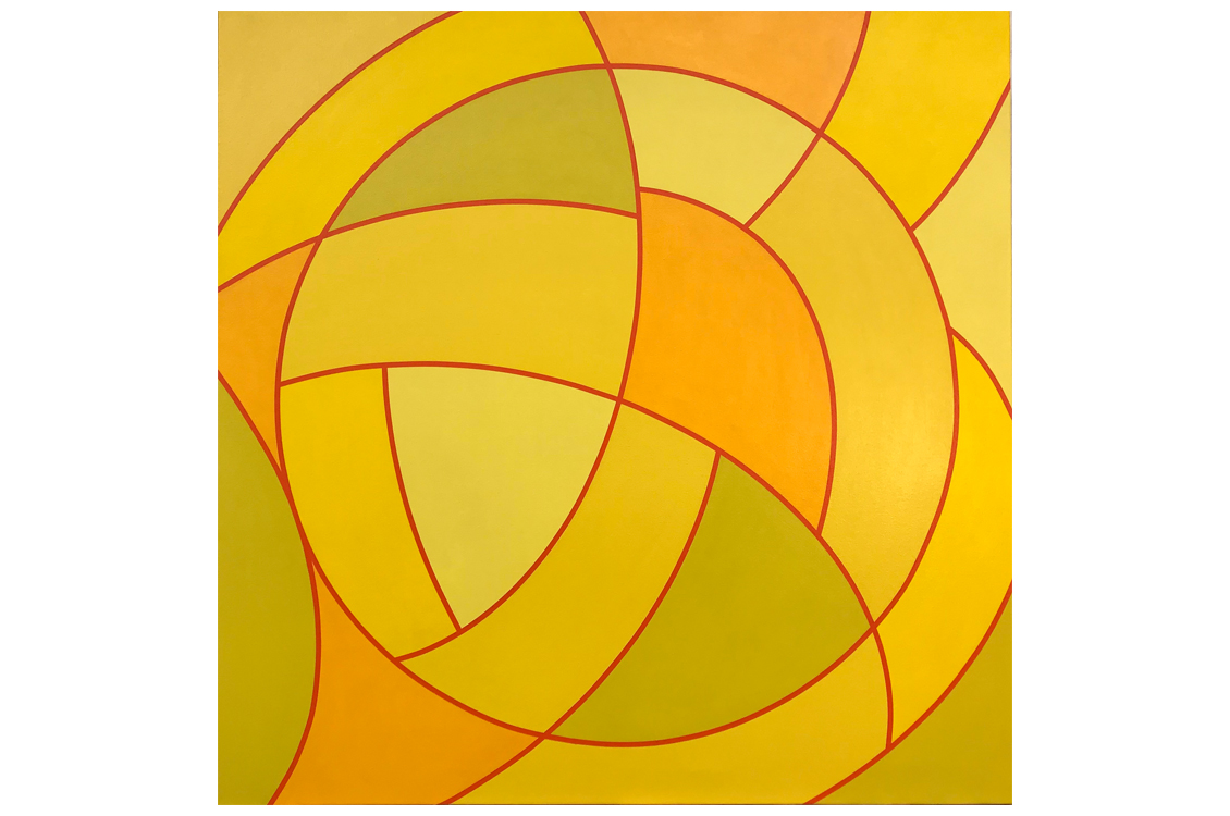 abstract painting in dull green and yellows with a ball in the center