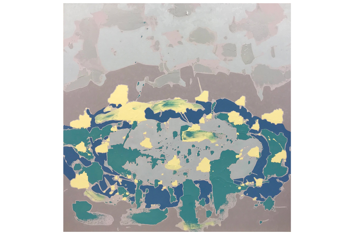 abstract painting with a neutral background and a pond shaped green, blue, and gold shape in the center