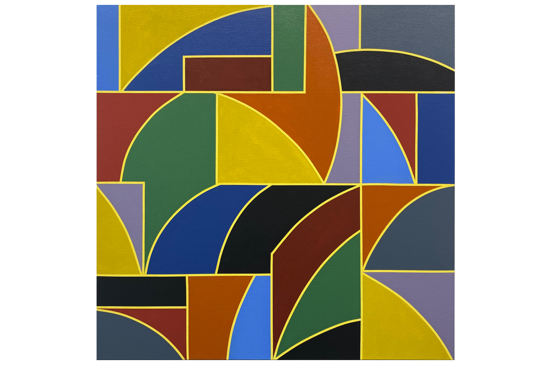 geometric abstract painting with bright primary and secondary colors