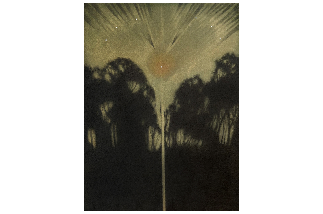 abstract drawing of a being of light walking through trees