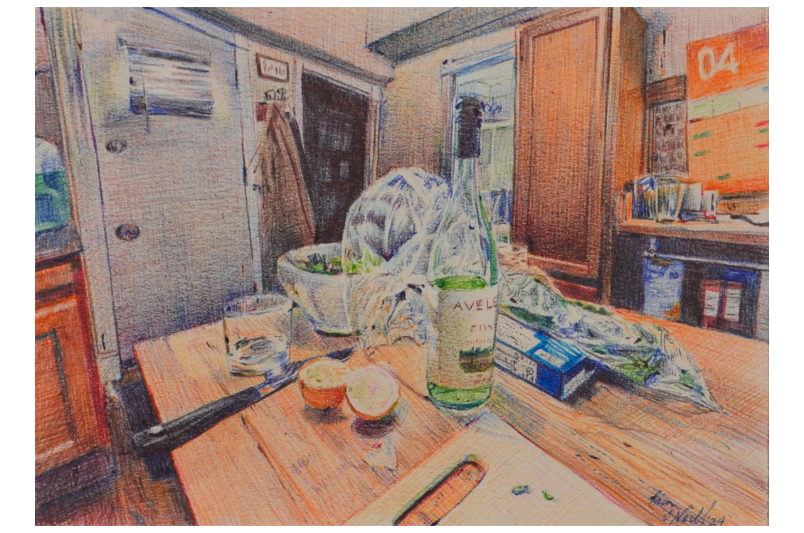 still life drawing of a kitchen interior