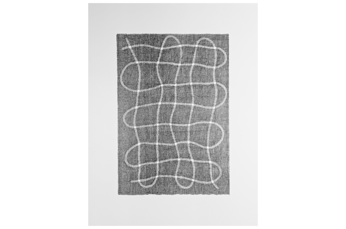 abstract drawing of white lines winding through a gray background