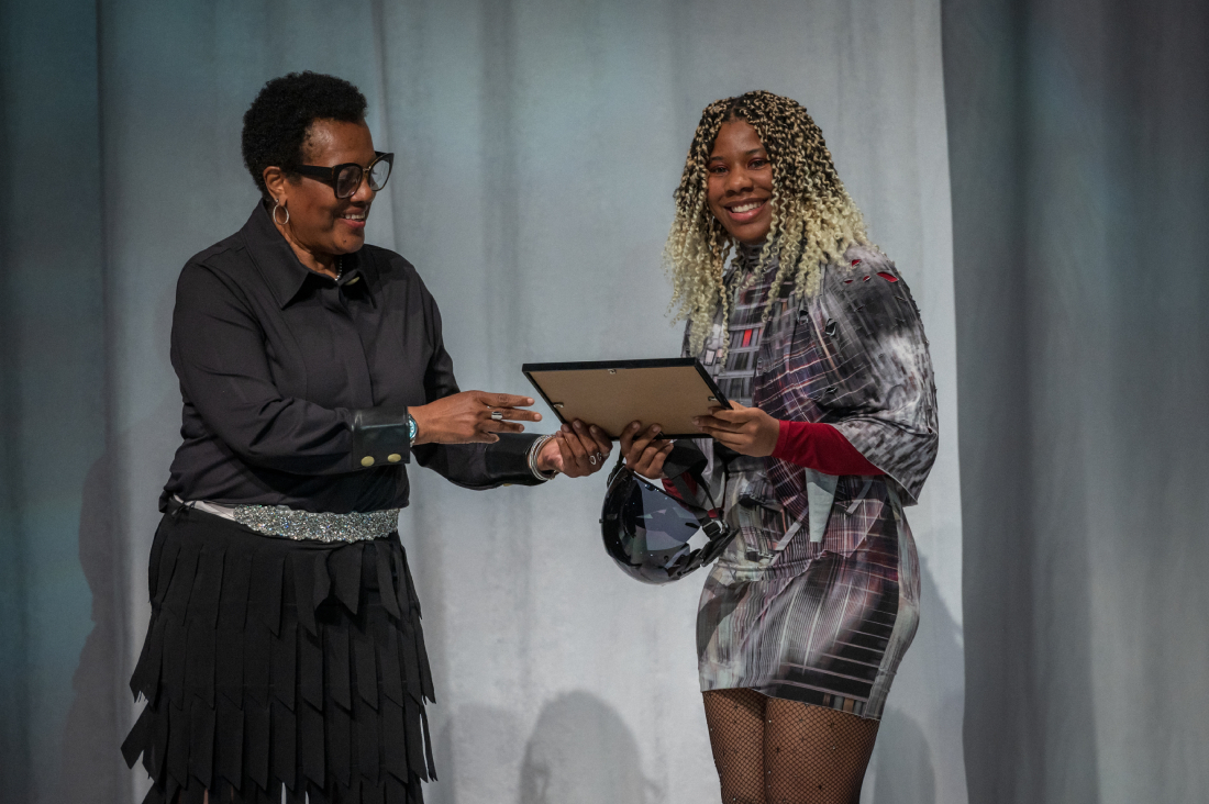 Fashion student receiving a leadership award