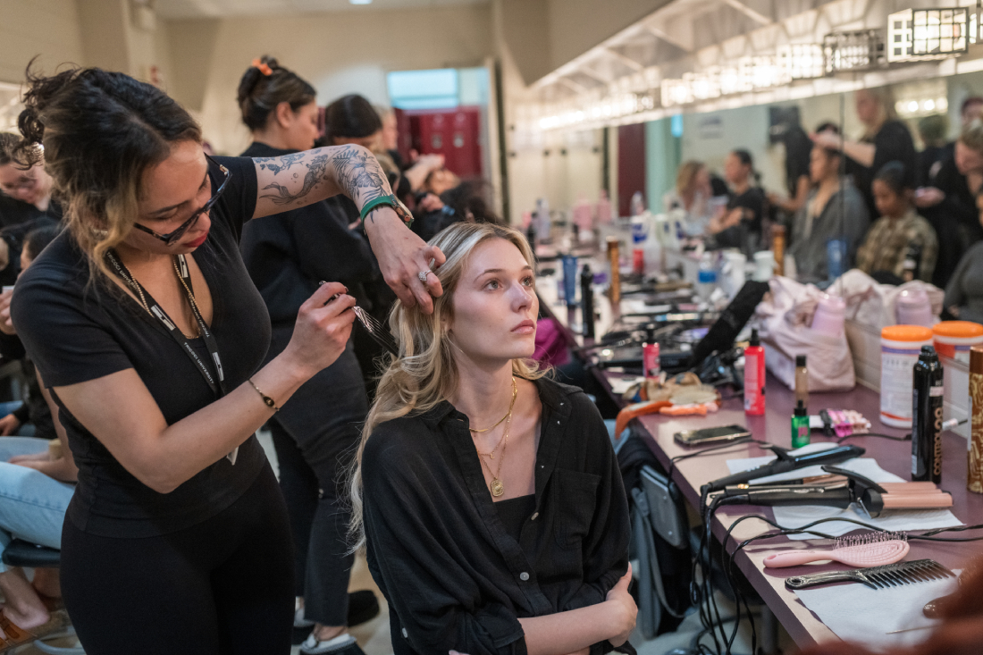 Model getting hair done