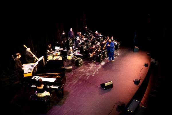 The entire stage seen from above where the jazz band is in the midst of performing.