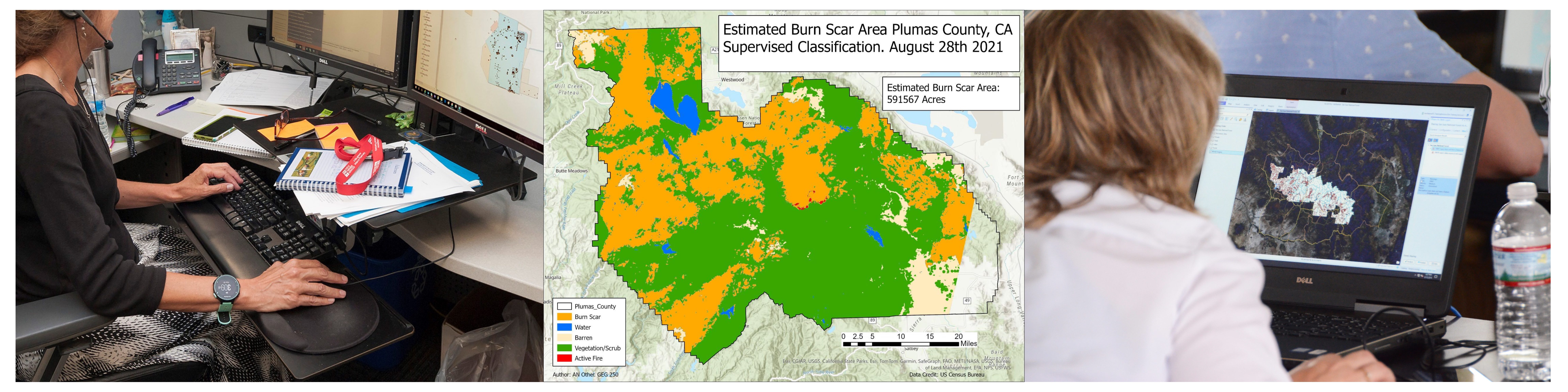 GIS Certificate Banner Three images side-by-side depicting a woman at an office desk using GIS software, a map of Pumas County displaying burn scar area, and a woman using GIS software on a laptop in a classroom.