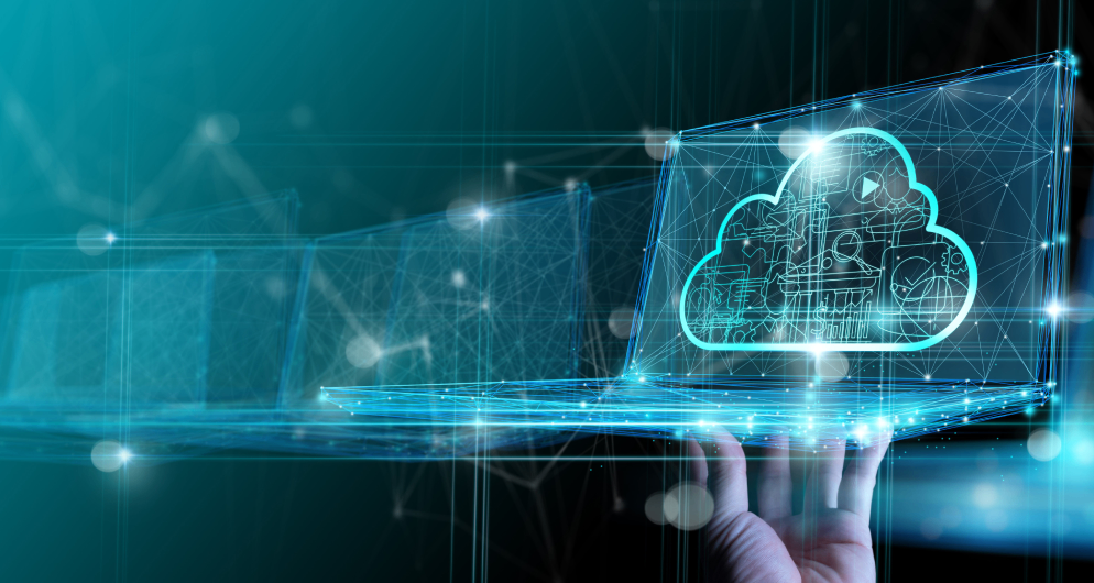 Digital cloud icon on a laptop screen with interconnected network lines, representing cybersecurity, data protection, and cloud computing.