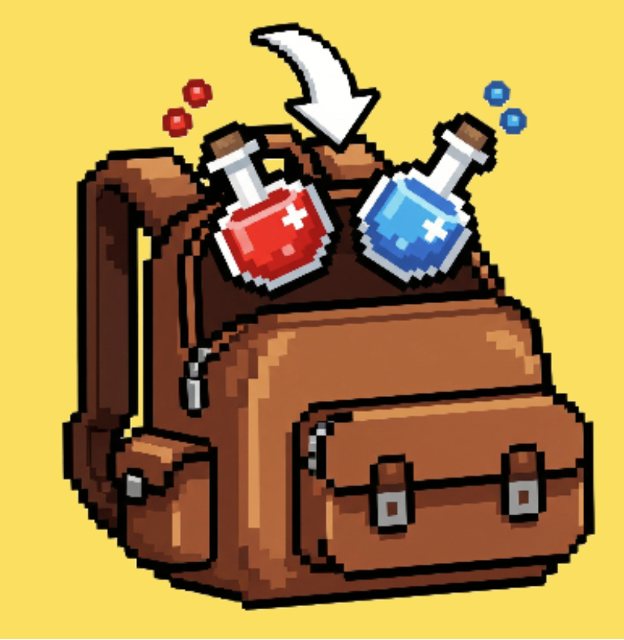 pixel art of a backpack with a red and blue potion being put inside