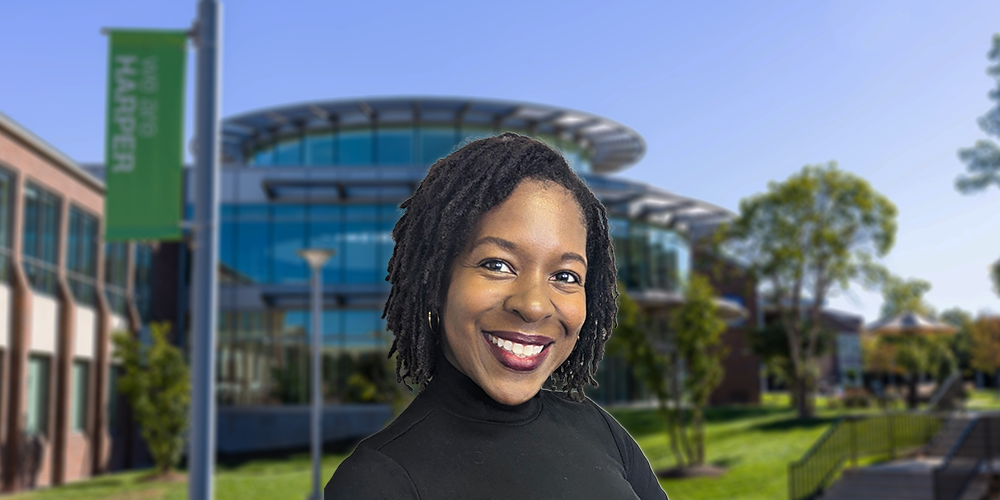 Harper College Legal Studies alumna Kellie Turner pictured in front of Building D on the Harper College campus.