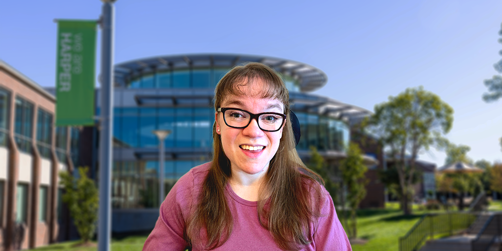 Harper College Legal Studies alumna Kelly Hussey pictured in front of Building D on the Harper College campus.