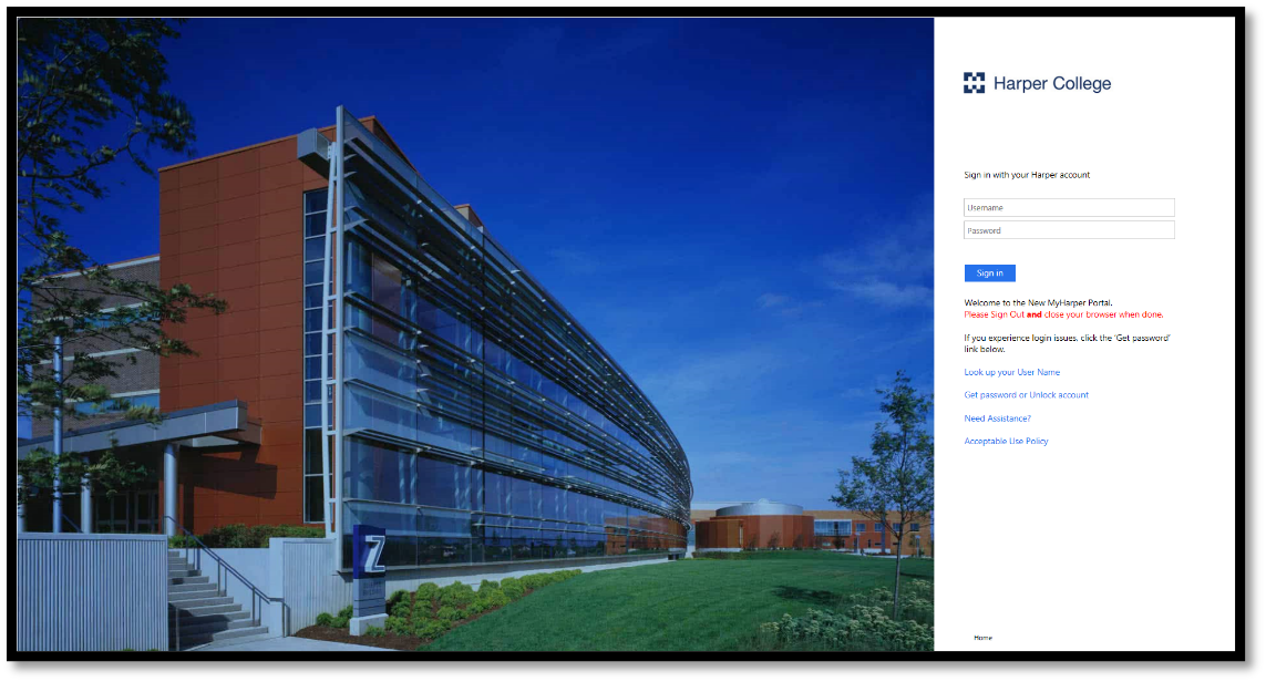 MyHarper Student Portal login page featuring an image of Harper's Avante Concourse on the left and the text entry boxes on the right