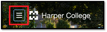 three horizontal lines called the "hamburger menu" next to the Harper College logo