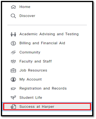 the options contained within the Hamburger Menu, Success at Harper is listed and highlighted at the very bottom