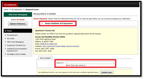 Required Forms page where Harper Disclaimer and Agreement and signature box are highlighted