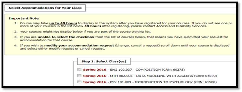 page for selecting accomodations for classes, chechboxes are listed beside courses