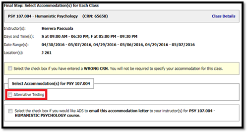a more in depth view of a single courses, the option for "Alternative Testing" is highlighted where accomodations can be selected