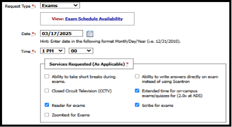 select exam date and time interface