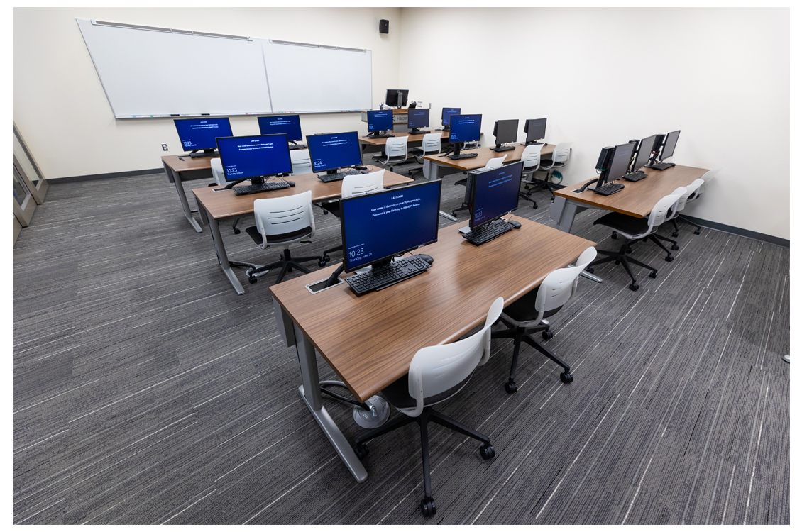 view of a computer lab from slightly above