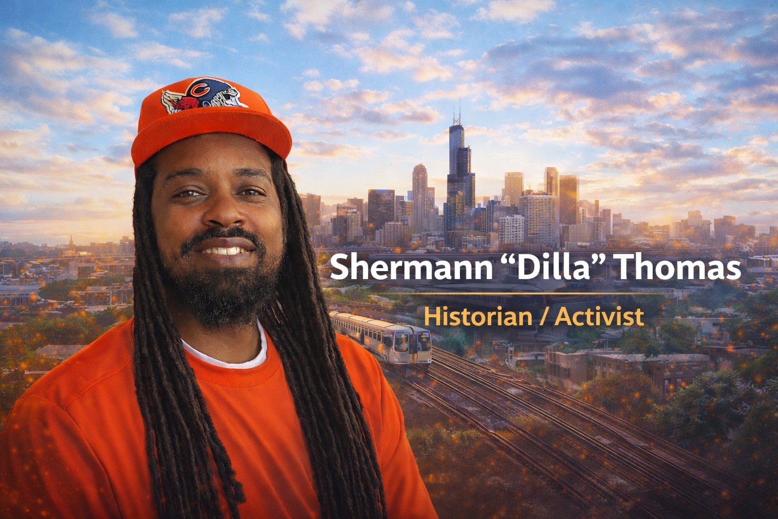 Shermann "Dilla" Thomas pictured in front of the Chicago skyline at sunset.