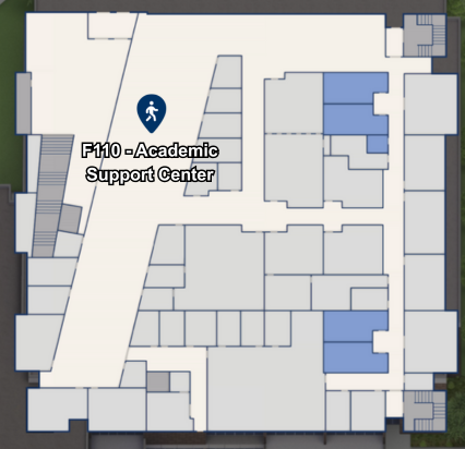 Map showing the Academic Support Center in F110.